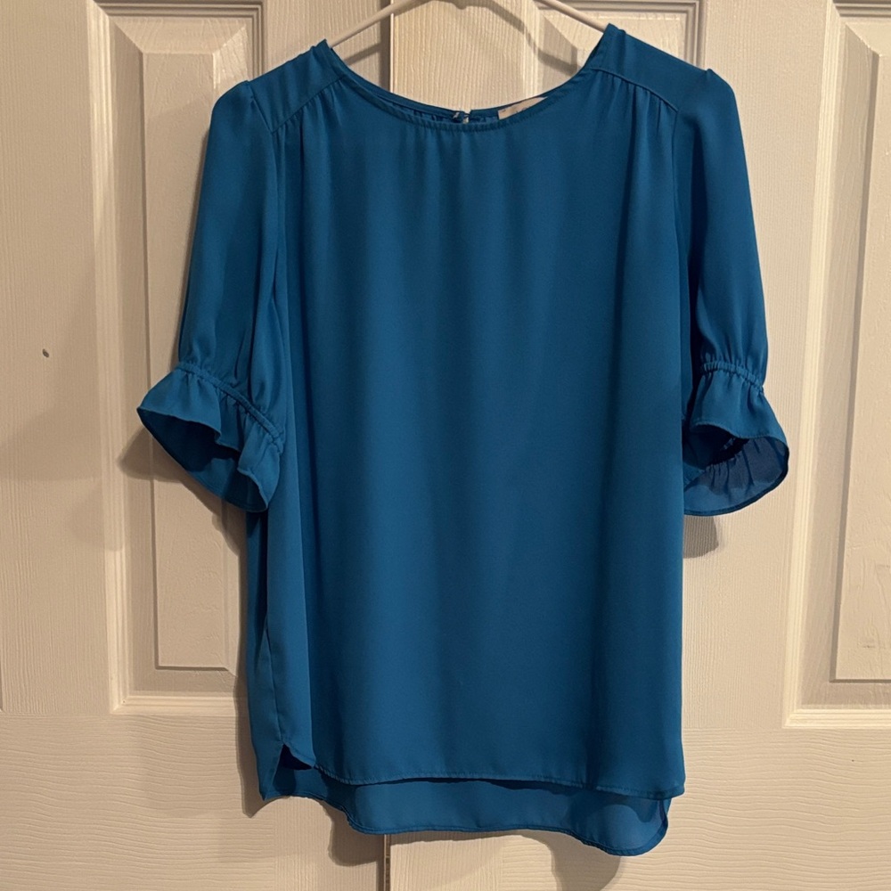 LOFT blue blouse with elbow length ruffled sleeves